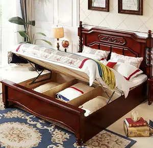 Wooden Leather Bed of Mahogany Wood Lift Carved Bed Carved Wooden Bed bedroom furniture suit.