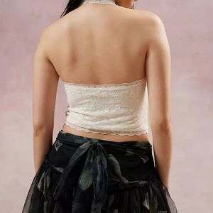 Débardeur court à col halter en dentelle, dos nu, ruban sur la poitrine, blanc, simple, sexy, doux, sous-vêtement de base - Product Image 6