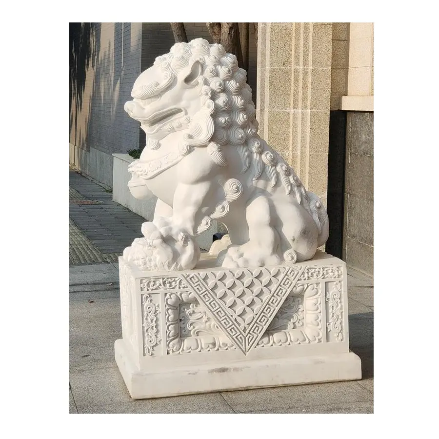 Grande Statue de chiens Feng Shui Fu Foo, en marbre blanc chinois, pour l'extérieur, paire de Lions gardiens, vente