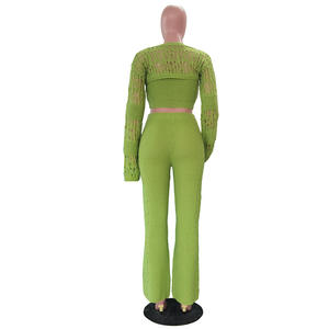 Yeni örgü kadın 3 parça Set kıyafet Hollow-out uzun kollu üst ve pantolon rahat kadın kıyafetler Streetwear - Product Image 3