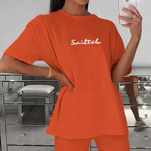 Vente en gros <span class=keywords><strong>de</strong></span> vêtements pour femmes t-shirts et shorts en coton ensembles pour femmes nouveaux hauts surdimensionnés à la mode pour femmes ensemble t-shirt et <span class=keywords><strong>short</strong></span> décontractés - Product Image 5