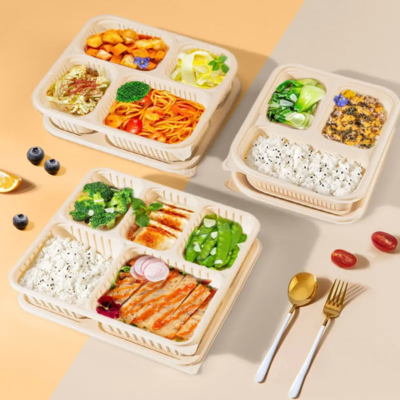 Display Biodegradable wadah makanan microwave 3/4/5 kompartemen untuk pergi makan siang wadah makanan matang dengan tutup