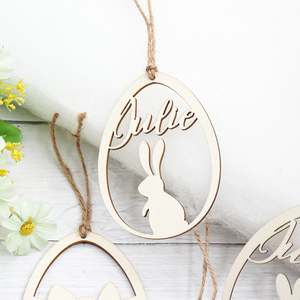 Cá nhân hoá gỗ tự nhiên phục sinh DIY Craft Thẻ Mặt dây chuyền trứng Bunny hình treo đồ trang trí - Product Image 3