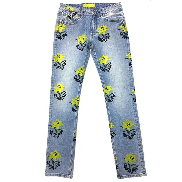 Edge Denim Factory Direct Wholesales Fashion good american All Over Printing Flowers Long slim straight leg jeans Pants men
