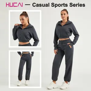 HUCAI Custom Logo Womens Air Cotton Lightweight Workout Sports Gym Full Zip Up Crop Pullover Cropped Hoodie