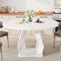 Ensemble de table à manger ronde 4 places, gris clair, grain de bois, panneau épais, quatre connecteurs métalliques, base robuste, moderne et élégant
