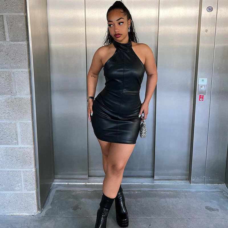 leather dress sexy night club Whole Sale Party Wear Halter Dresses Mini PU Women Clothing spring2024