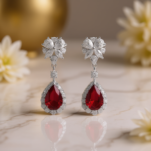 Orecchini Classici con Rubino a Goccia in Argento 925, Design a Fiore con Incastonatura a Griffe, Gioielli da Sposa per Donne - Product Image 2