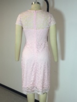 Gaun Bordir Wanita, Baju Pesta Wanita Renda Midi Elegan Lengan Pendek, Baju Bordir Leher Bulat, Bunga Solid Hollow Out, Pakaian Kasual Wanita