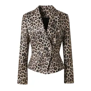New Coming Wholesale Women Blazer Leopard Printing Real Soft Leather Jacket