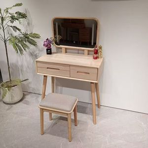 Commode de chambre à coucher en bois de chêne nordique moderne avec miroir, 6 tiroirs et armoire de rangement - Product Image 1