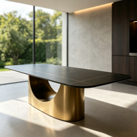 Table à manger rectangulaire de luxe moderne en pierre frittée YUANCHANG, design unique en U, finition brossée antique, mobilier de salle à manger