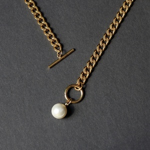 Collar de Cadena Cubana con Cierre OT de Acero Inoxidable Clásico y Elegante, con Letras del Alfabeto y Perlas de Imitación - Product Image 6