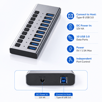 Hub USB 3.0 de 10 Puertos con Alimentación, 5Gbps, 10x USB-A, Interruptores Individuales, Hub Multipuerto de Aluminio