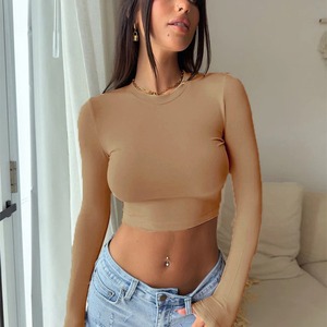 I-0734 T-shirt Corta da Donna Autunnale Sexy Stile Spice Girls, Tinta Unita, Girocollo, Aderente, <span class=keywords><strong>Manica</strong></span> <span class=keywords><strong>Lunga</strong></span> in Poliestere e Spandex - Product Image 3