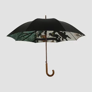 2024 China Supplier Custom Full Digital Print 25" High Quality Luxury Vintage Solid Wooden Handle Straight Umbrella