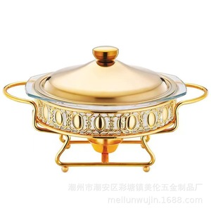 Stainless Steel Hot Pot Stove Gold Plated Heat Resistant Glass <b>Buffet</b> <b>Warmer</b> Circular Design For Restaurant Use - Product Image 1