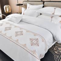 Ensemble de literie d'hôtel 5 étoiles de luxe avec logo personnalisé, 100% coton, broderie blanche, housse de couette, drap, ensemble de 4 pièces