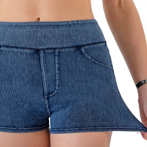 Shorts en jean taille haute pour femme, couleur unie, taille élastique, style décontracté avec poches, respirant, coupe régulière, délavé - Product Image 5