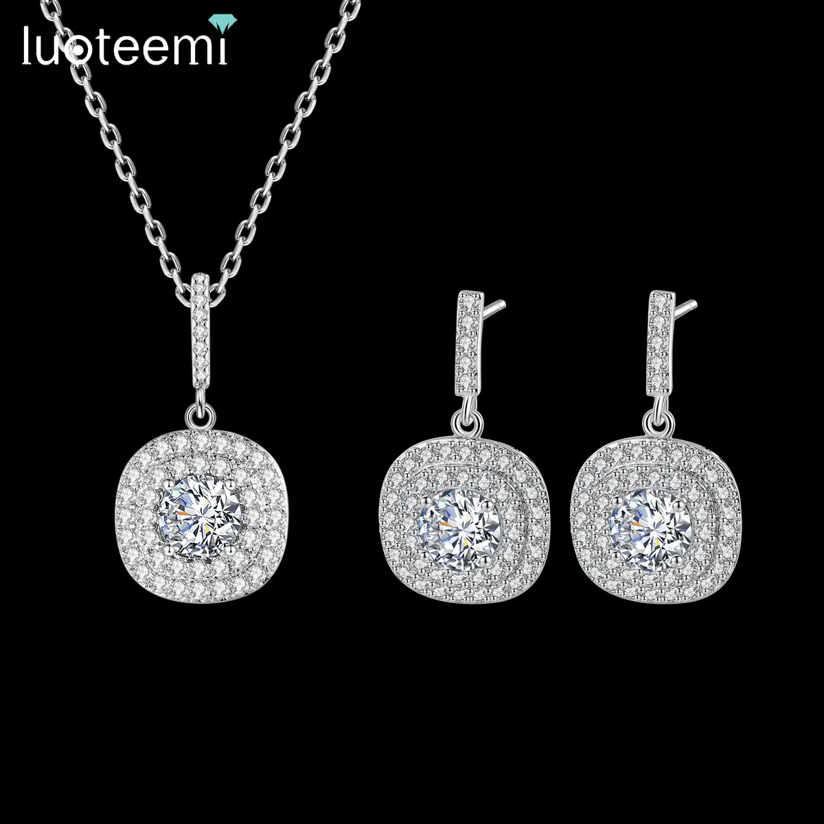 LUOTEEMI Free Shipping New Wedding Jewelry Bridal Rhodium White Gold Cubic Zircon Pendant Necklace Earrings Women Engagement Set