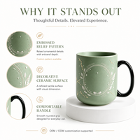 Tasse en grès minimaliste et sereine, couleur céladon, côtelée, avec motif de couronne en filigrane de cœur en or blanc en relief, anse polie couleur jet, pour la pause thé de l'après-midi