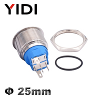 Tombol Tekan LED Cincin Baja Tahan Karat Kepala Datar 25mm, Lampu Simbol Daya, Sistem Latching Momentary, Pin Solder, IP65