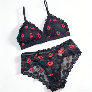 New Arrival Sexy Lip Heart Print Lingerie Set Lace <strong>Bra</strong> and Panty Two-Piece Set Romantic Valentine's Day Gift Women Underwear Set - Product Image 3