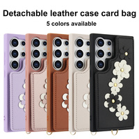 Étui de téléphone portefeuille en cuir PU fleur 3D mignon pour Samsung S25 Ultra avec fentes pour cartes dragonne pochette à bandoulière couverture de téléphone portable