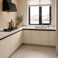 Armoires de cuisine modernes minimalistes, sur mesure, couleur crème mate, en forme de L, avec plan de travail en quartz