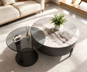 Modern Round <b>Coffee</b> <b>Table</b> <b>Set</b> Tempered Glass Top Metal Frame Storage Drawer Living Room Furniture - Product Image 5