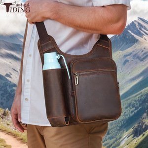 Tiding Men's Crossbody Bag Genuine Leather Tactical Shoulder Bag Dark <b>Brown</b> Adjustable Strap Outdoor Hiking Casual <b>Backpack</b> - Product Image 2