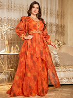 Robe de soirée en mousseline de soie colorée ornée de paillettes de luxe à col en V et manches lanternes pour femmes grandes tailles pour les occasions spéciales