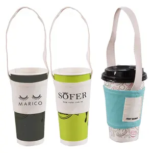 कस्टम लोगो प्रिंट प्रीमियम कपास कैनवास कप आस्तीन निविड़ अंधकार कॉफी दूध पेय Carring बैग धारक बुलबुला चाय के लिए संभाल के साथ