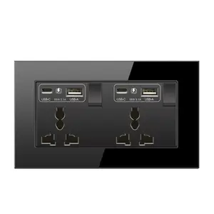 Soket saklar dinding pengisi daya Cepat usb tipe C, kaca tempered hitam universal UK switch ganda 3 pin dengan USB ganda dan 3.1A