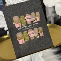 Uñas Postizas de Lujo Hechas a Mano, Forma Ataúd Cuadrada, 3D Estéreo, Divertidas con Diseño de Boca, Uñas Y2K, Verde Leopardo, Cadena Dorada