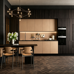 Meubles de <span class=keywords><strong>cuisine</strong></span> style ferme moderne, armoires shaker couleur crème, poignées longues noires, plan de travail gris, crédence en carreaux de métro blancs - Product Image 2