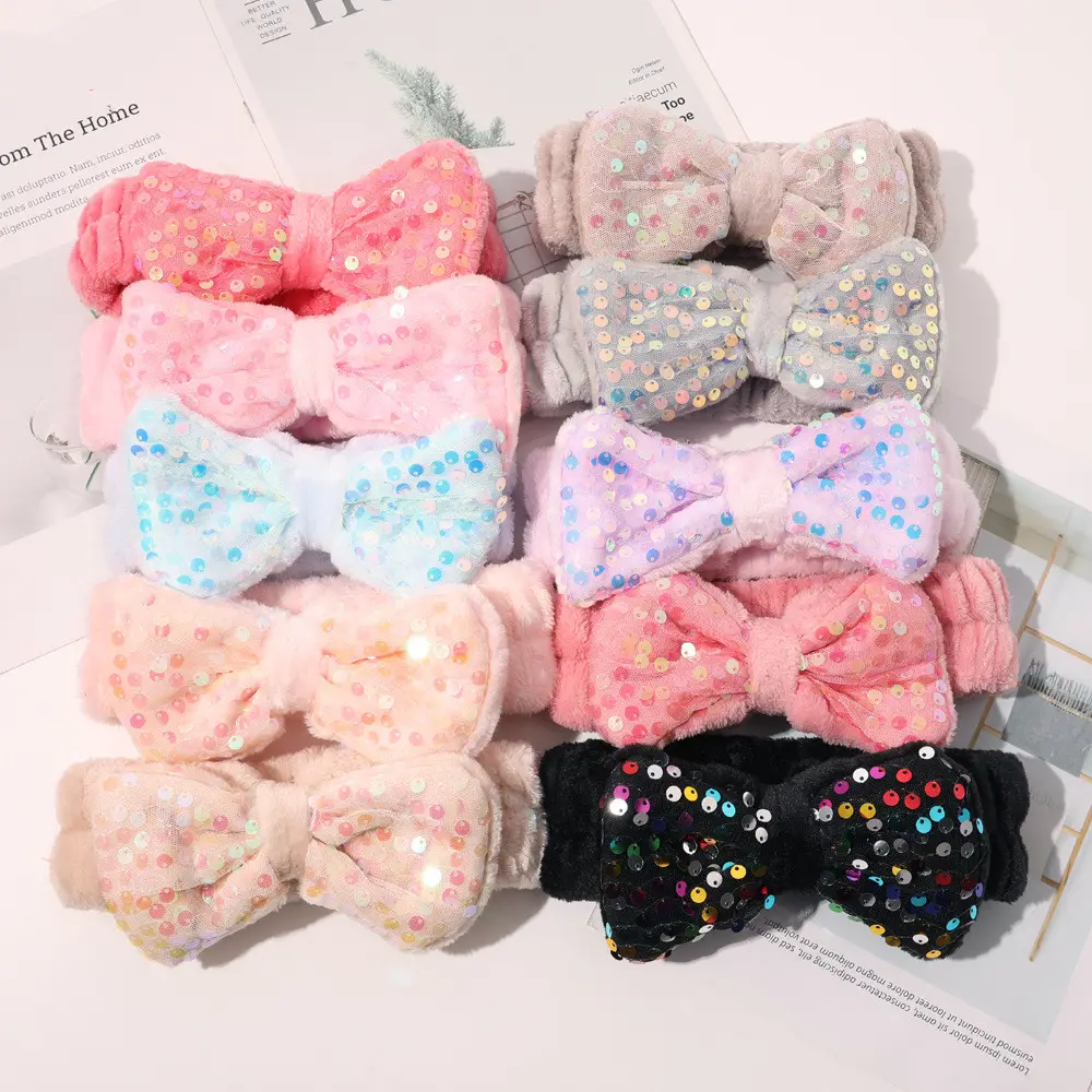 Dành Cho Người Lớn Sang Trọng Dễ Thương Bow Với Sequins Make up Rửa Mặt Headbands Tóc Ban Nhạc Cho Phụ Nữ