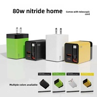 Chargeur rapide GaN 80W 3 ports avec câble rétractable intégré USB-C pour téléphones et ordinateurs portables multi-appareils, prise pliable