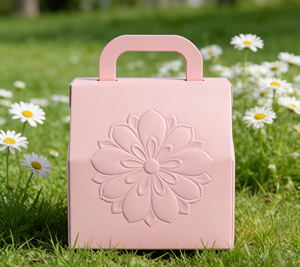 <b>Pink</b> embossed cardboard <b>gift</b> <b>box</b> with handle, featuring integrated handle design -Vietnam FSC Certified Luxury Packaging Factory - Product Image 5