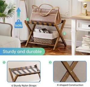 Porte-bagages, lot de 2, support de valise <span class=keywords><strong>pliable</strong></span> en <span class=keywords><strong>bambou</strong></span> avec étagère de rangement pour chambre d'amis, chambre à coucher, hôtel, robuste (noyer) - Product Image 5
