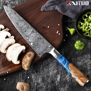 XITUO पाउडर VG10 दमिश्क इस्पात महाराज चाकू क्लीवर कतरन मछली रसोई के चाकू नीले राल रंग लकड़ी संभाल खाना पकाने के उपकरण