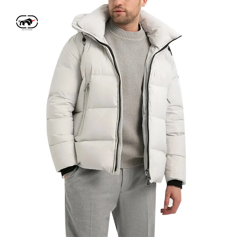 Chaqueta acolchada cálida de invierno a la moda personalizada OEM, chaqueta de plumón de pato con cremallera a prueba de viento para hombre