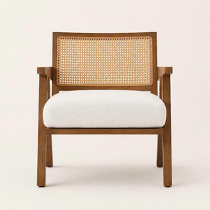 Fauteuil lounge moderne du milieu du siècle en bois avec dossier en rotin et coussin blanc pour salon, en velours, rotin et bois - Product Image 1