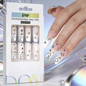 Lot de faux ongles longs à motif géométrique français, sans colle, longue tenue, avec ongles à presser forme cercueil, 24 pièces - Product Image 1