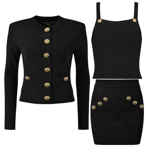 Conjunto de tres piezas de cárdigan de punto informal de una sola botonadura con cuello redondo elegante a la moda para <span class=keywords><strong>mujer</strong></span> de fabricante <span class=keywords><strong>al</strong></span> <span class=keywords><strong>por</strong></span> <span class=keywords><strong>mayor</strong></span> - Product Image 2