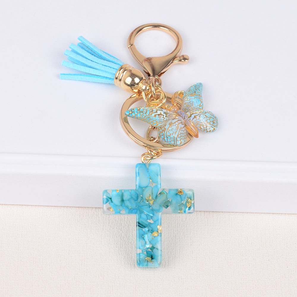 Wholesale Lady Butterfly Fringe Resin Stone Cross Keychain