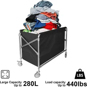 Carro de lavandería comercial JH-Mech, capacidad de carga de 440 libras, marco de acero inoxidable, carro de lavandería plegable con ruedas