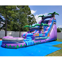 Toboggan gonflable bleu marbré pour aire de jeux, palmier, fête, vagues tropicales, toboggan de qualité commerciale avec piscine