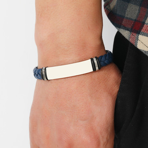 Customized Engrave Logo <b>Leather</b> Bangle Wristband Men's Stainless Steel Pu <b>Leather</b> Braided <b>Bracelets</b> - Product Image 3