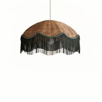 Lustre suspendu en rotin tressé à la main, abat-jour festonné, style bohème, franges, couleur naturelle, charbon de bois, pompons, pour salle à manger et cuisine, LED